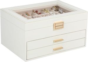 Voova Jewelry Box Organizer for Women Girls. 3 Layer PU Leather Jewelry Storage Case with Glass Lid & 2 Drawers.