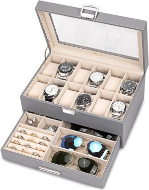 Voova Jewelry Box Watch Boxes Organizer for Men Women. 2 Layer Large 12 Slot PU Leather Watch Storage Case.