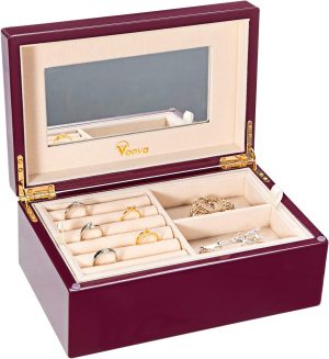 Voova Wooden Jewelry Box Organiser for Women Girls. Deluxe Piano Paint Jewelry Storage Case with Mirror.