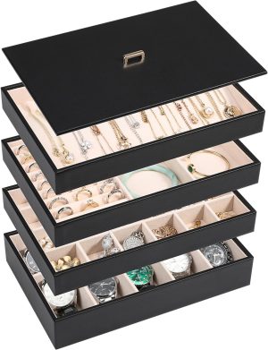 Voova Stackable Jewelry Organizer Tray with Lid. PU Leather Jewelry Storage Holder for Drawer Inserts.
